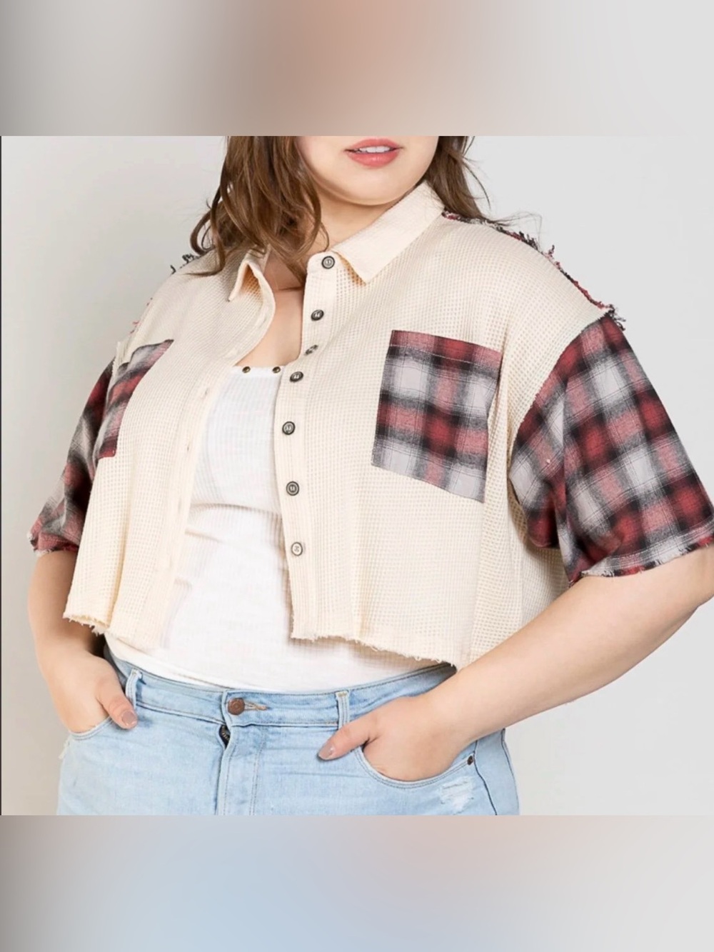 POL Cropped Button-Up Top in Cream with Red Plaid Sleeves